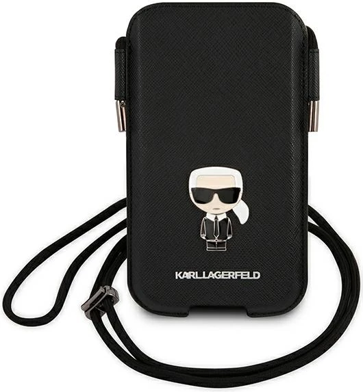 Mbështjellës telefonit Karl Lagerfeld Saffiano Ikonik, 6.1", i zi, me rrip