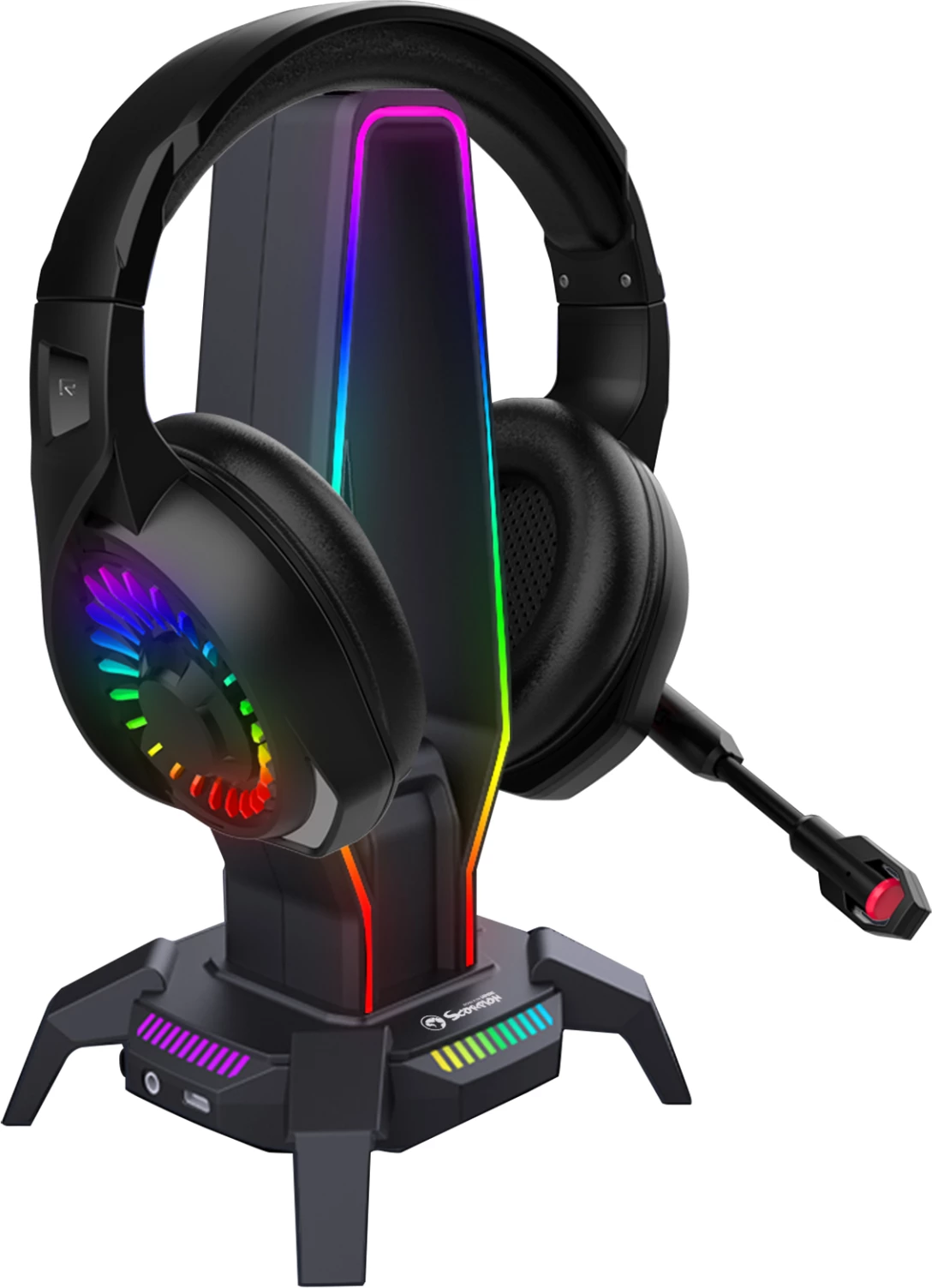 Mbajtëse kufjesh Marvo HZ-10 RGB, 3x USB 2.0, audio jack, e zezë