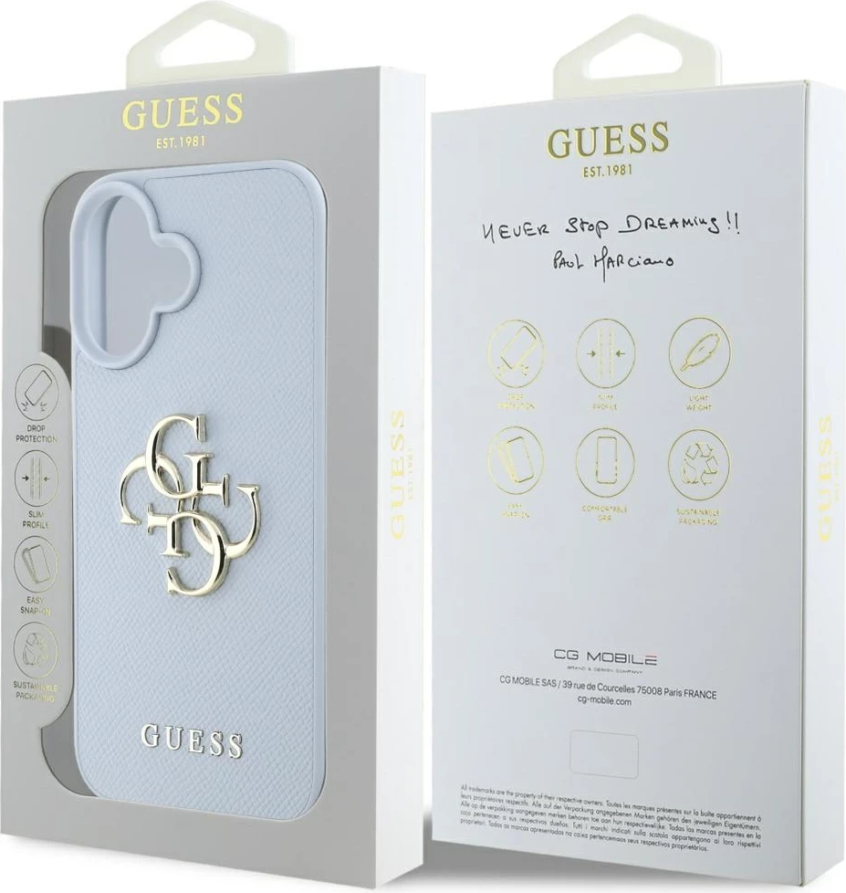 Mbështjellës Guess Grained Big 4G Logo Small Classic Logo për iPhone 16, Blu