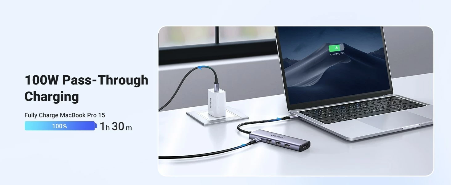 Dock UGREEN 15596 për laptop, 3x USB 3.2 Gen 1 Type-A, 1x USB Type-C, 3x HDMI 2.0, 100W, Alumini