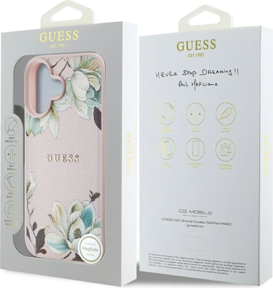Mbështjellës Guess Grained Printed Flower Pattern MagSafe për iPhone 16, Rozë