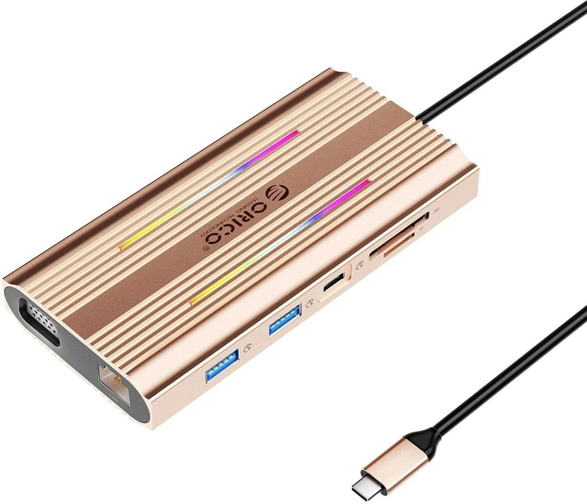 Hub Orico USB-C 12n1 XDR-X1, 2x USB-A, 1x USB-C PD 100W, 2x HDMI 4K 60Hz, 1x VGA, 1x RJ45 Gigabit, rozë e artë
