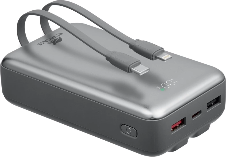 Powerbank RIVACASE VA2612 20,000 mAh 30W, LCD ekran, kabllo të integrume Type-C & Lightning, grafit
