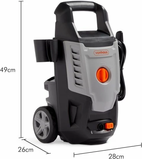 Pastrues me presion të lartë VONHAUS 3500263, 1600W, 90–130 bar, 5–6.5 l/min, zorrë 5 m, komplet me aksesorë, gri/zi-portokalli