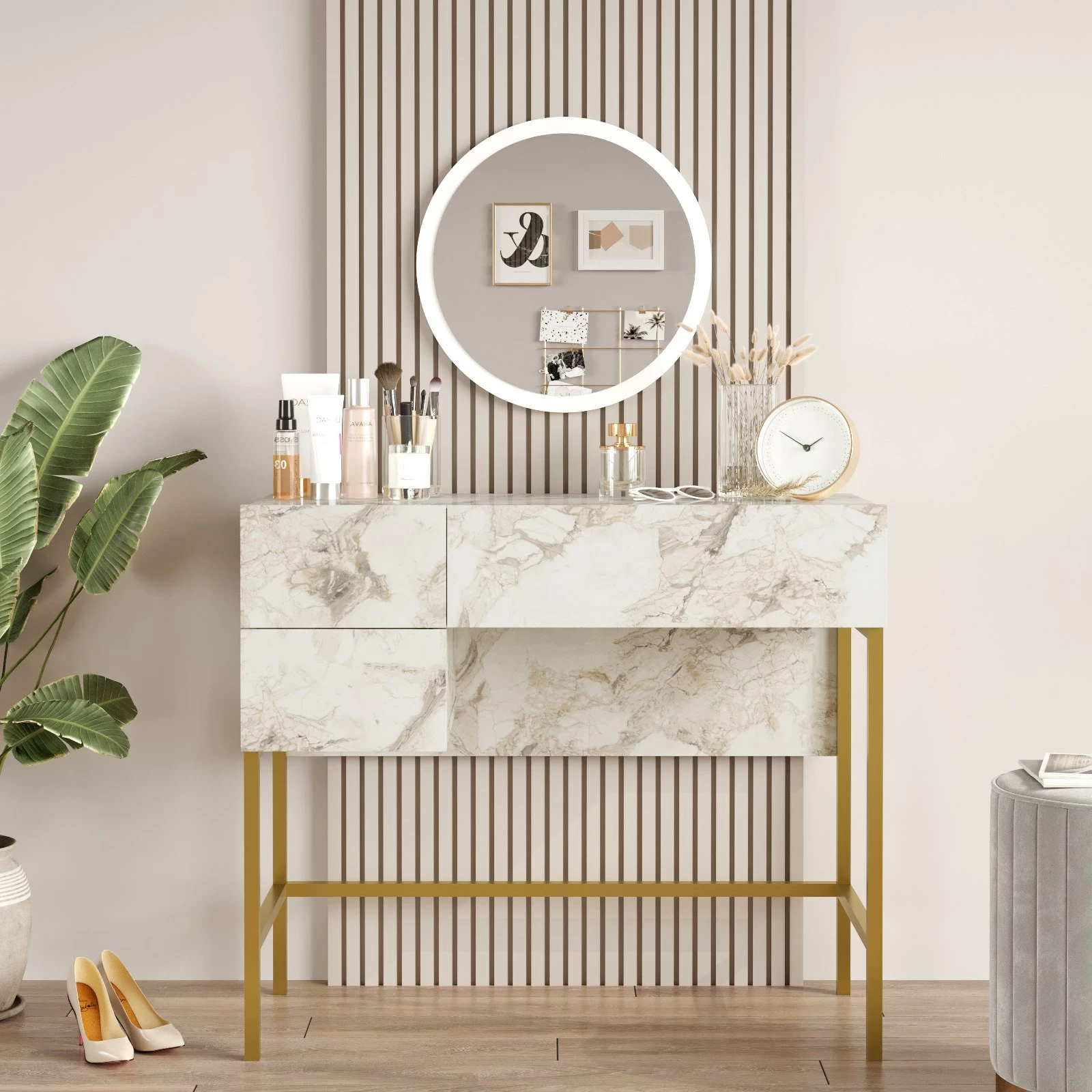 Tavolinë grimimi Skye Decor, e bardhë dhe ari, VG32-GE