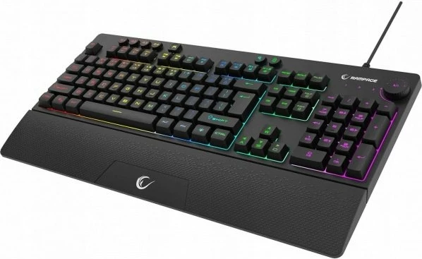 Tastierë gaming Rampage Simula KB-GX65, membranë 100%, RGB 7 moda, USB me kabllo 1.8 m, 4 tasta makro, Anti-Ghosting 26 tasta, layout US, me pushim dore, e zezë, 1 copë