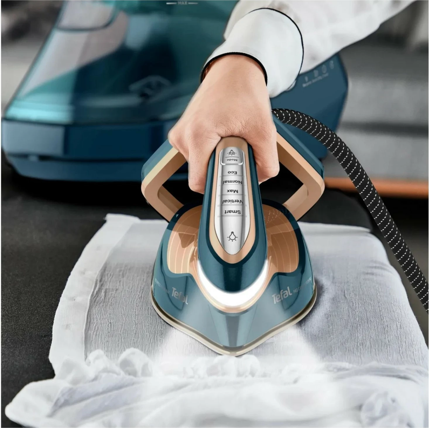 Hekur me gjenerator avulli Tefal Pro Express Vision Max GV9920, 3000W, rezervuar 1.8L, blu/turkuaz