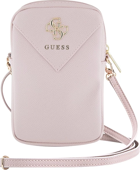 Mbështjellës Guess ZIP Leather Triangle 4G për celular, rozë
