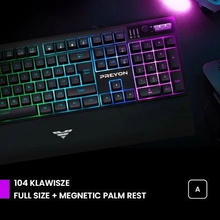 Tastierë gaming PREYON Long Claw Alpha PLCA104B, 100%, membranë, RGB, USB me kabllo, layout US, me mbështetëse dore magnetike, e zezë