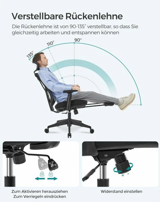 Karrige zyre SONGMICS OBN61BKV1 ergonomike me mbështetëse këmbësh, 150 kg, e zezë