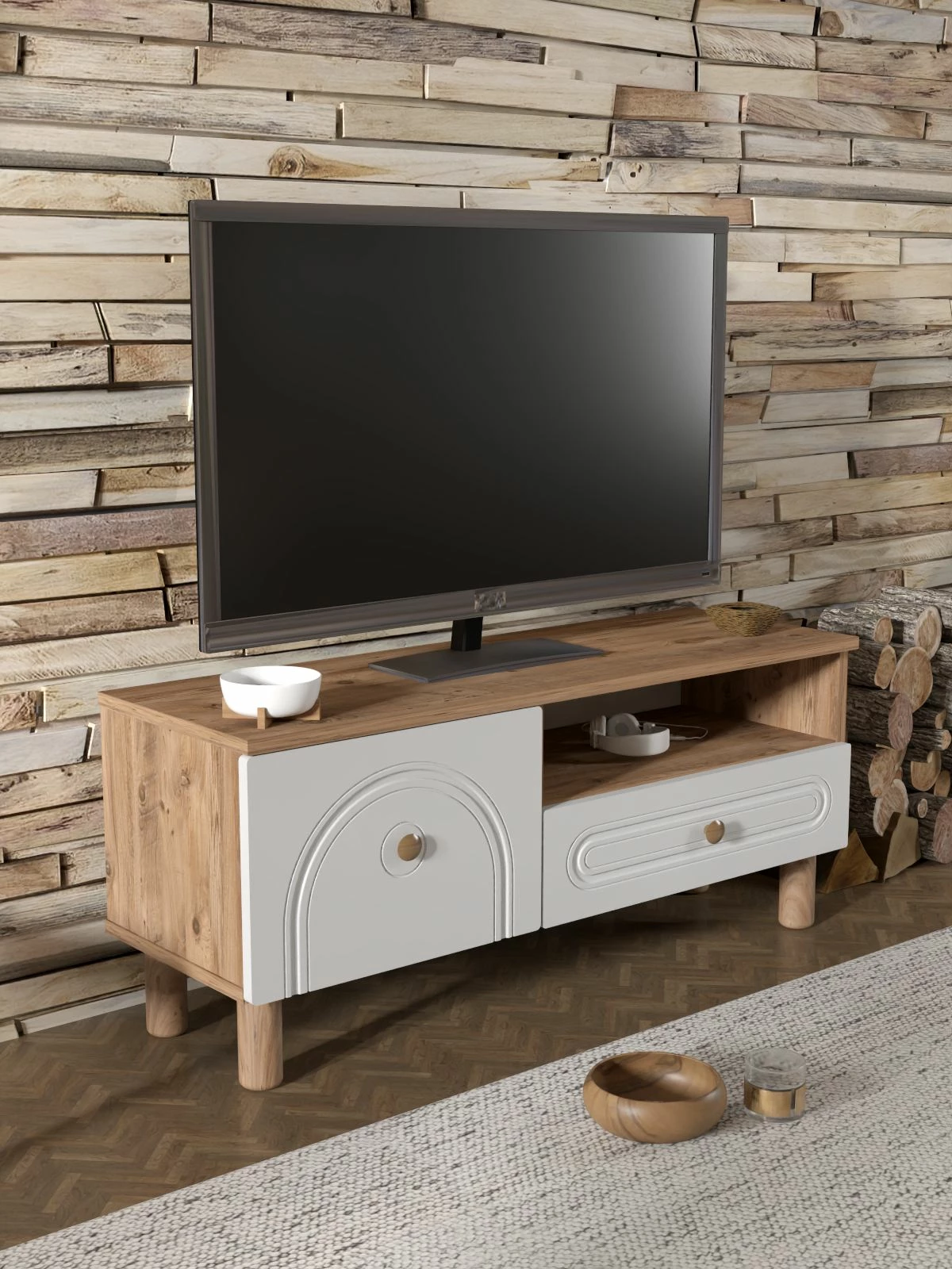 Komodë TV, Skye Decor, Serenta 105, ngjyrë Atlantic Pine dhe e bardhë