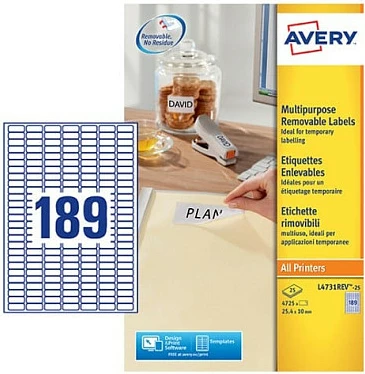Etiketa ngjitëse AVERY Zweckform L4731REV-25, 25.4 x 10 mm, 5670 copë, të bardha