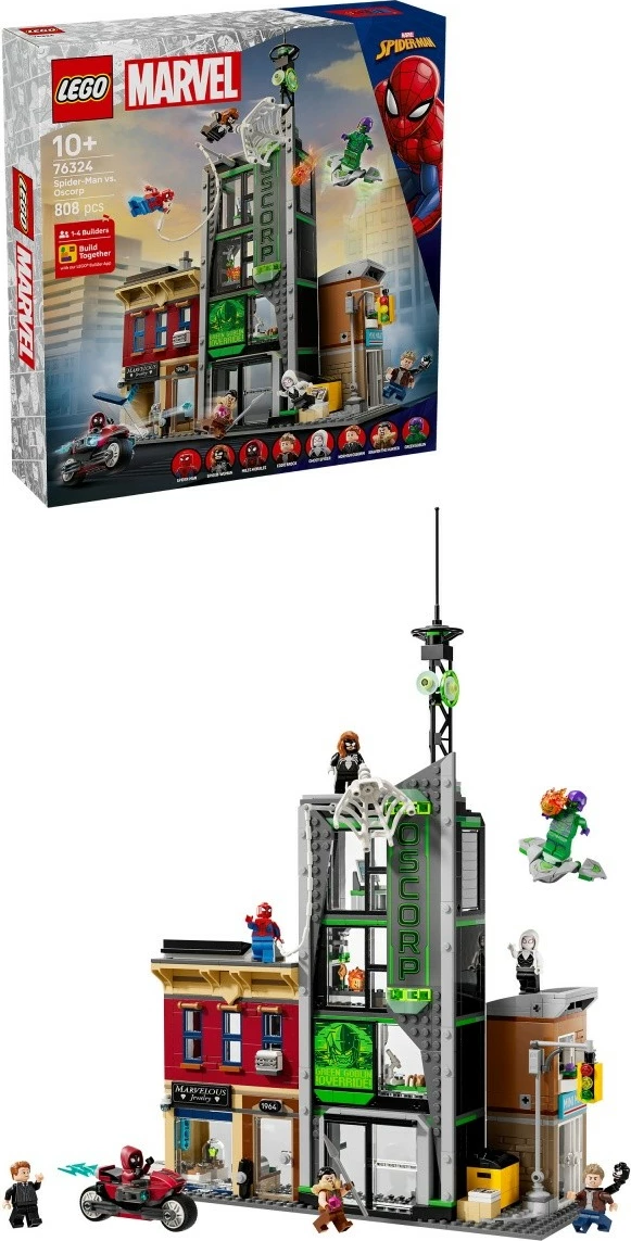 Set LEGO Marvel Spider-Man dhe Oscorp 76324, 808 pjesë, për fëmijë 10+, me 8 minifigura
