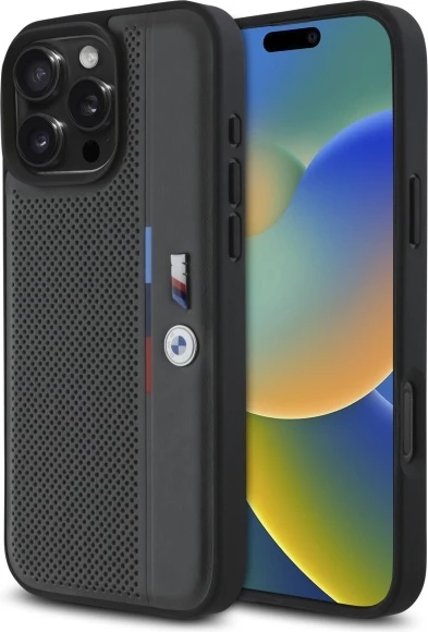 Mbështjellës BMW M Perforated Tricolor Detail Line për iPhone 16 Pro, Gri e errët