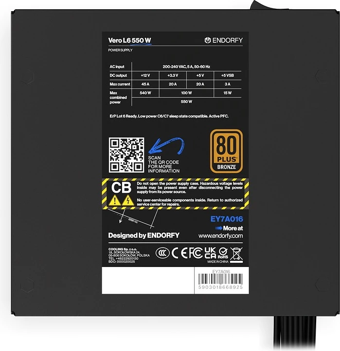 Furnizues energjie ATX, Endorfy Vero L6 EY7A016, 550W, 80 Plus Bronze, ATX 3.1, PCIe 5 (12V-2x6)