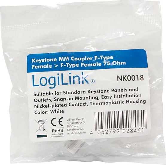 Lidhës Keystone F-Type LogiLink, 75 Ohm, F/F, i bardhë