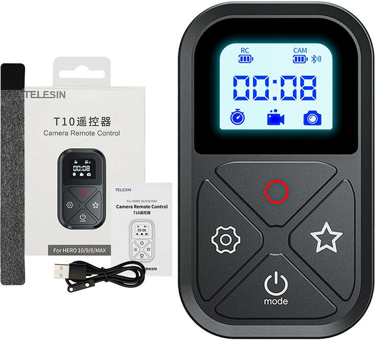Telekomandë Telesin GP-RMT-T10 për GoPro Hero 12/11/10/9/8/MAX, me rrip dore, Bluetooth, e zezë