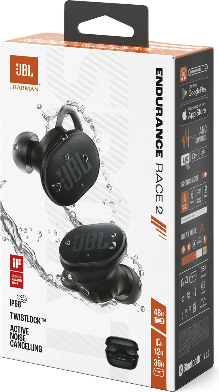 Kufje JBL Endurance Race 2 True Wireless, Bluetooth, IP67, 30h, të zeza, me kuti karikimi