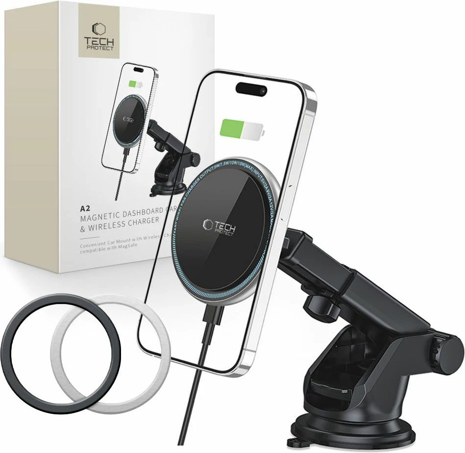 Mbajtës magnetik për celular me karikues wireless Tech-Protect A2, 15W, për kokpit, i zi