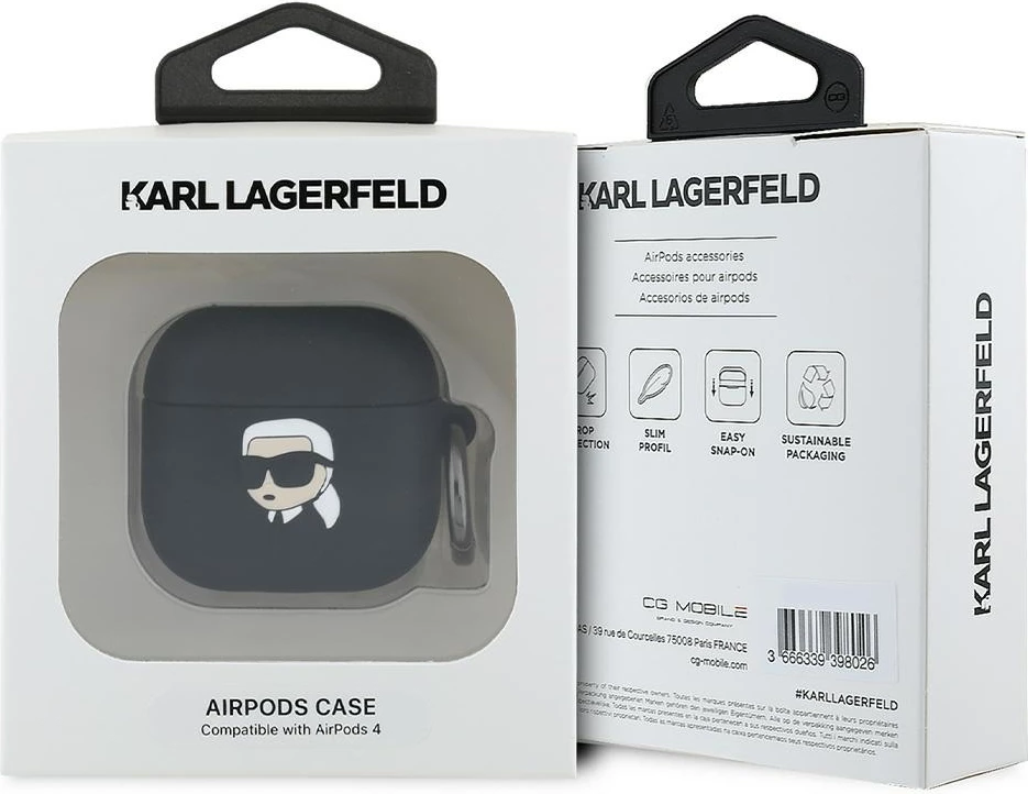 Mbështjellës Karl Lagerfeld për AirPods 4, Silicone Karl Head 3D, i zi