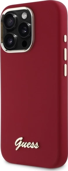 Mbështjellës Guess Silicone Script Metal Logo për iPhone 16 Pro, Kuqe