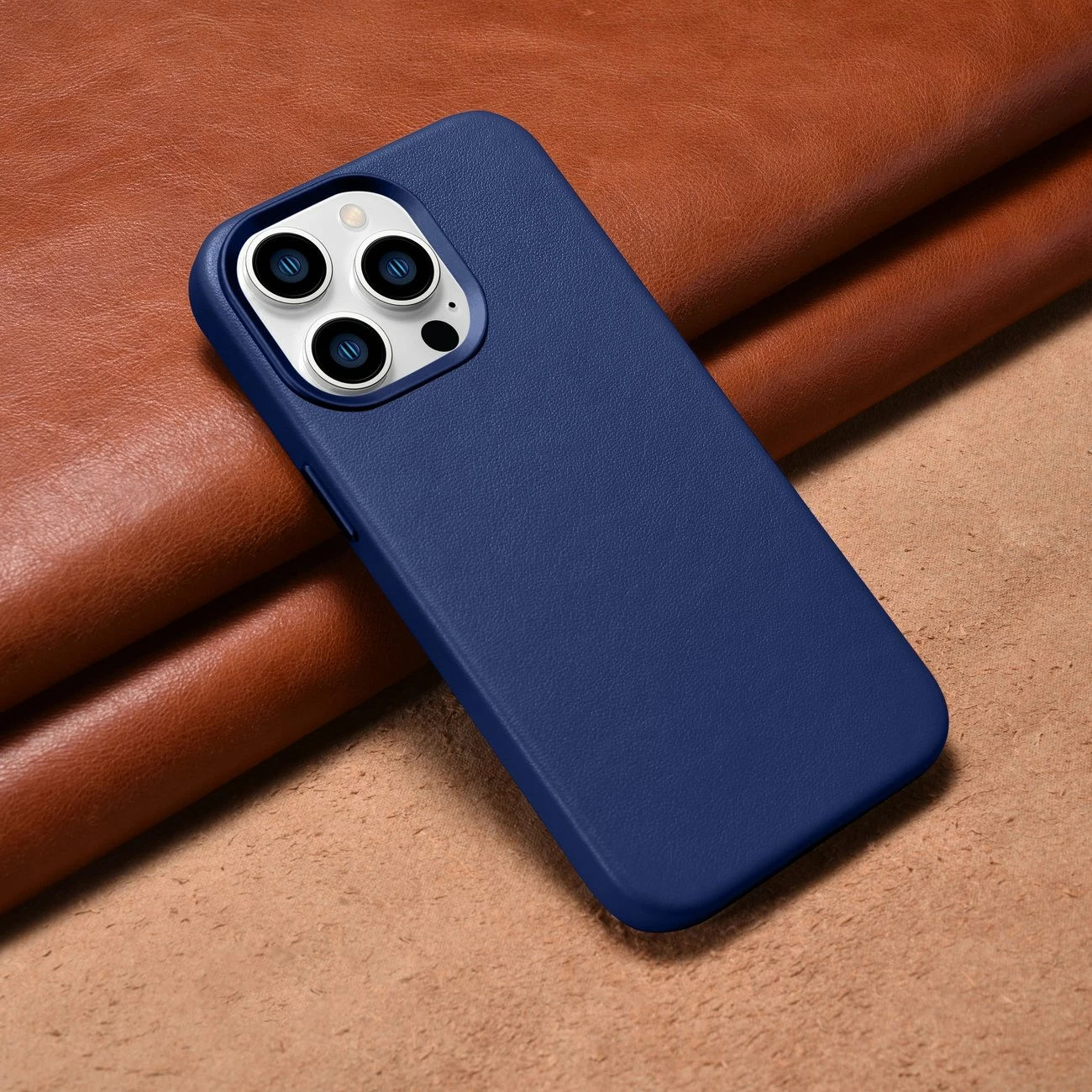 Mbështjellës iCarer për iPhone 14 Pro Max, lëkurë natyrale, MagSafe, kaltër