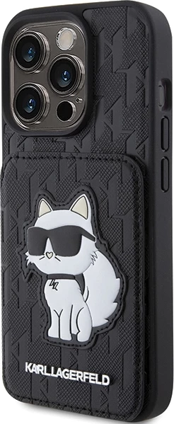 Mbështjellës Karl Lagerfeld Saffiano Cardslots & Stand Monogram Choupette për iPhone 15 Pro Max, i zi