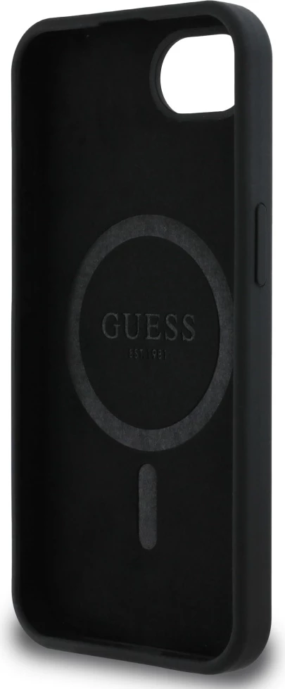 Mbështjellës Guess Silicone Script Metal Logo MagSafe për iPhone 16e, i zi