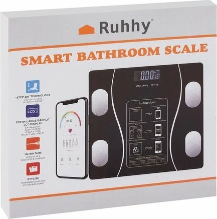 Peshore banjo analitike Ruhhy 22525, Bluetooth, LCD, max 180 kg, xham i temperuar, e zezë, me 2x AAA