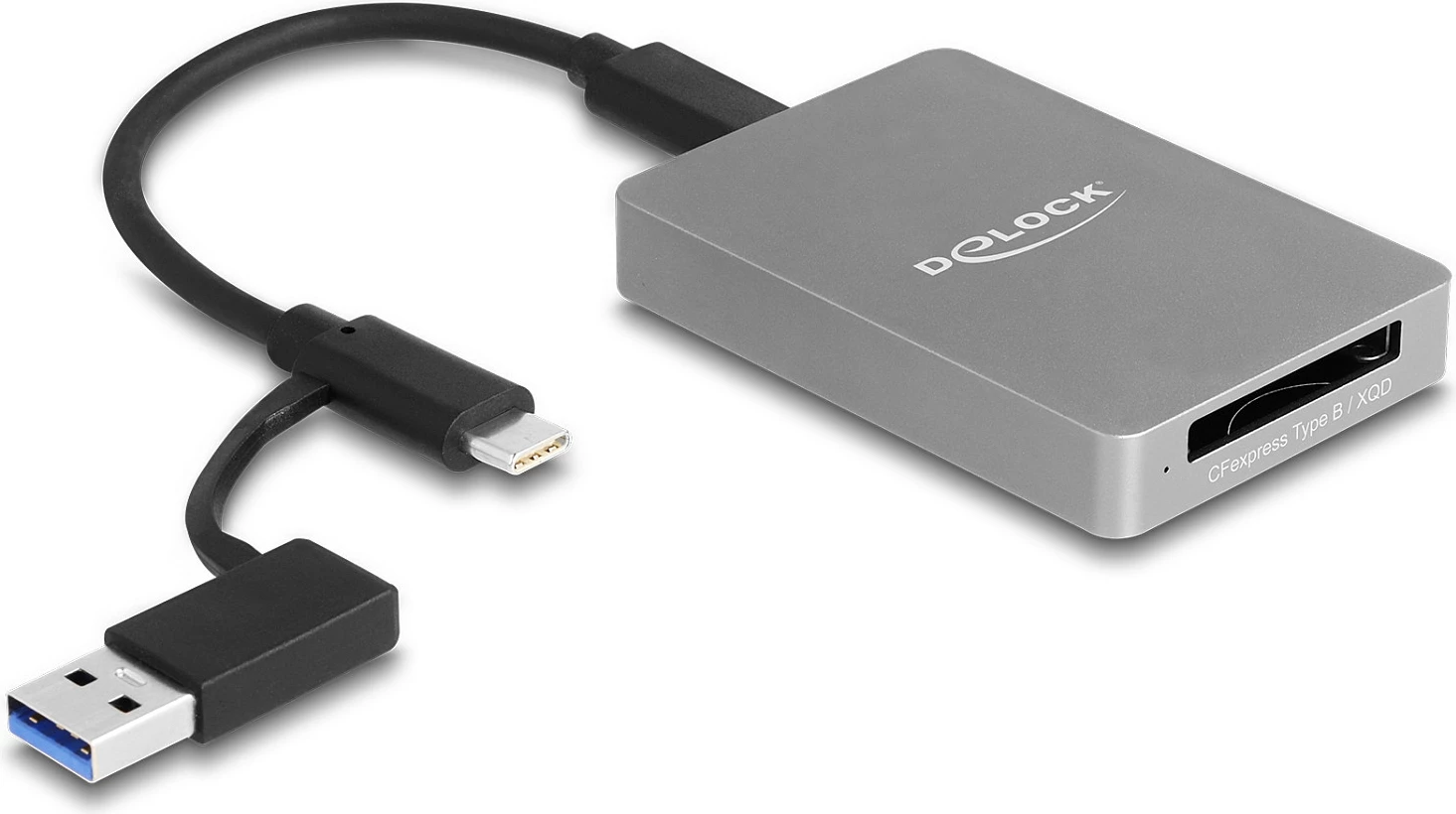 Lexues kartelash DeLOCK USB-C për CFexpress Type B/XQD, 10 Gbps, alumin, gri