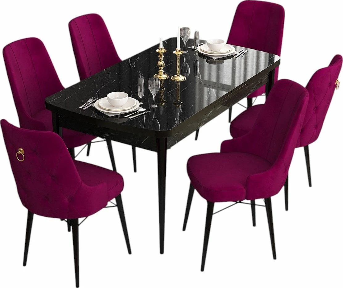 Tavolinë me karrige, zgjatshme, sipërfaqe mermeri të zi, karrige damson, 7 copë, Skye Decor