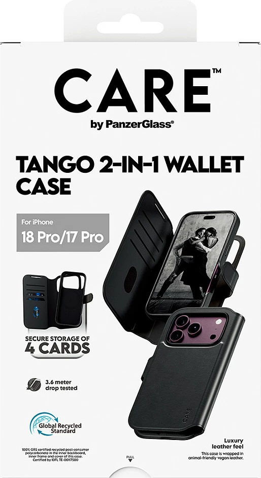 Mbështjellës me portofol PanzerGlass CARE Tango 2-in-1, MagSafe, për iPhone 18 Pro / 17 Pro, i zi
