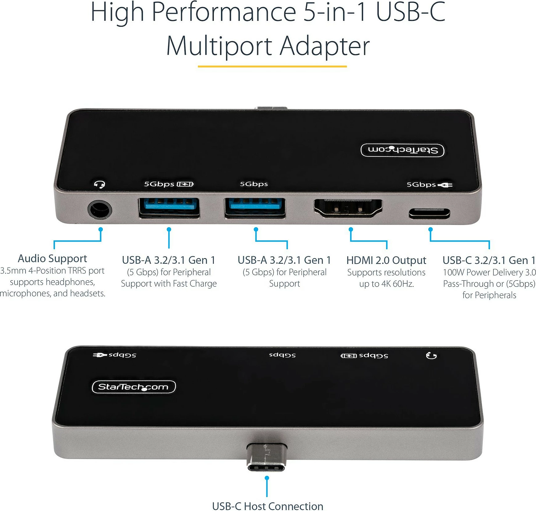 Adapter multiport USB-C StarTech DKT30ICHPD, HDMI 4K 60Hz, USB 3.0 Hub, Power Delivery 100W, Audio 3.5mm, i zi/argjendtë
