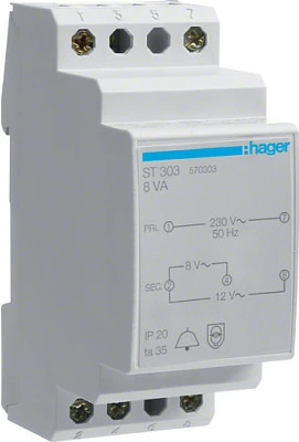 Trafo për zile Hager ST303, 230V në 8V/12V AC, 8VA, DIN shinë