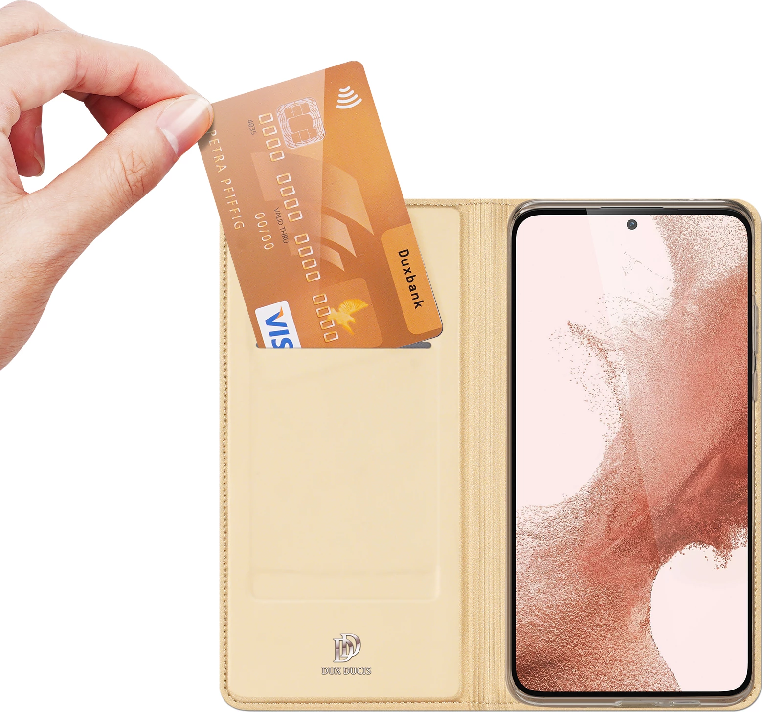 Mbështjellës Dux Ducis Skin Pro për Samsung Galaxy S23+, me xhep kartelash, funksion stand, ari