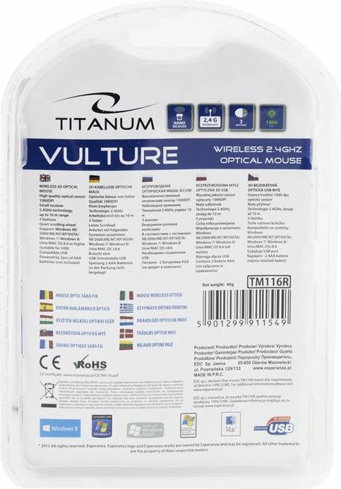 Maus Esperanza Titanum Vulture TM116B 1000 DPI wireless USB, zi/blu
