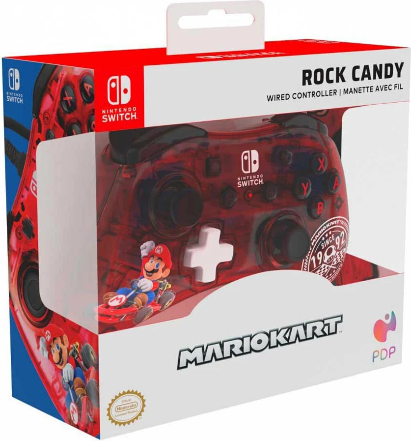 Kontroller i kablluar PDP Rock Candy Mini Mario Kart për Nintendo Switch, kabllo Micro USB 2.4 m, e kuqe transparente