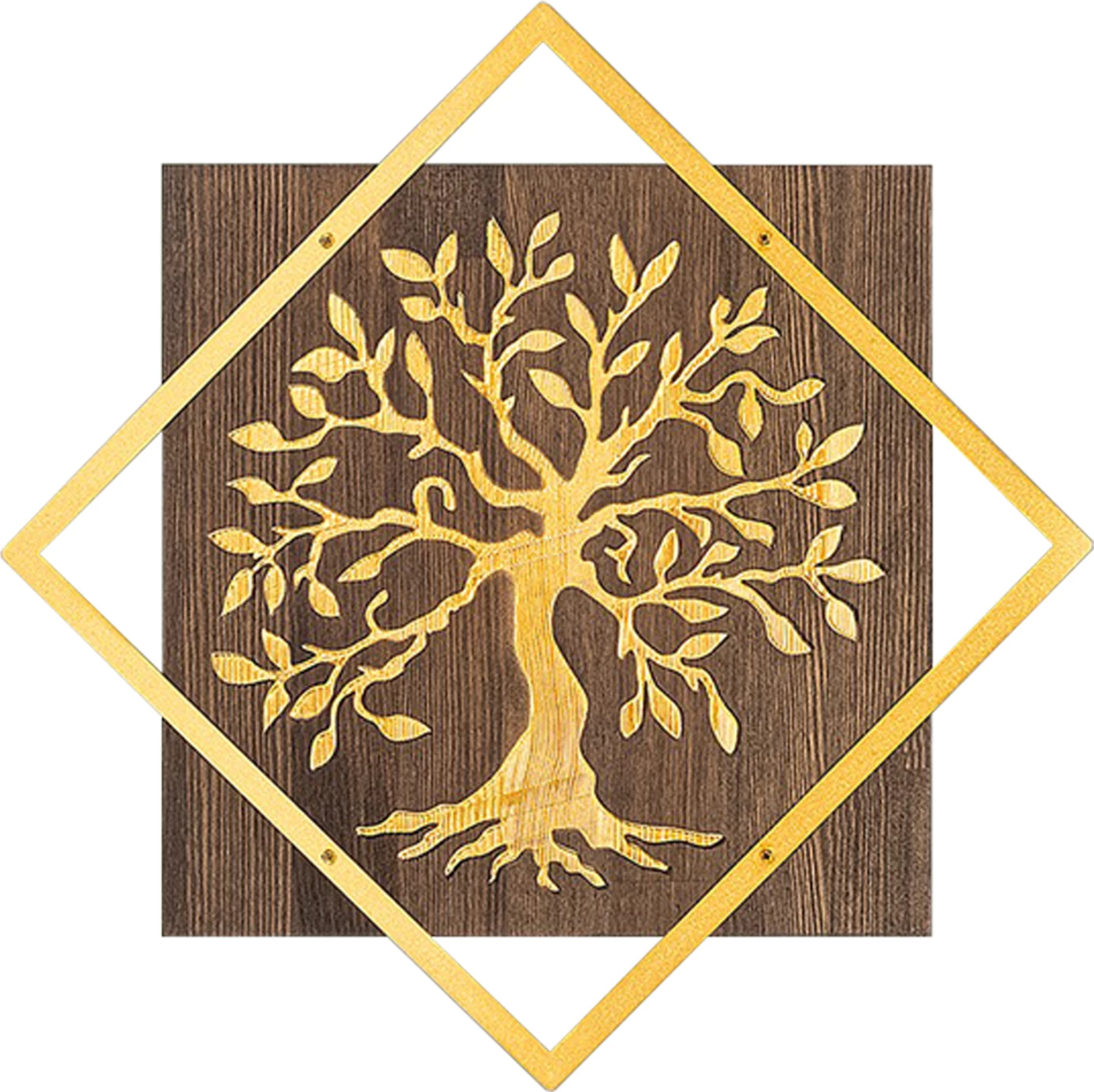 Dekor muri me figurë peme, metal ngjyrë ari, dru arre, FH4752, 54x3x54cm