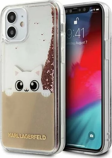 Mbështjellës KARL LAGERFELD KLHCP12SPABGNU për iPhone 12 Mini, hard transparent me glitter rozë "Peek a Boo", transparent