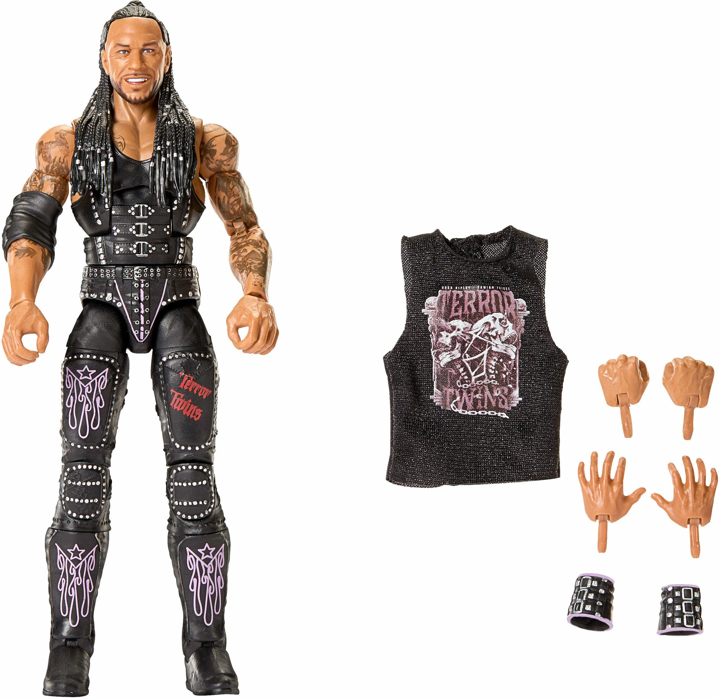 Figurë aksioni Mattel WWE Elite Damian Priest JHT53 15 cm me 25 pika artikulimi, duar të ndërrueshme dhe aksesorë, e zezë