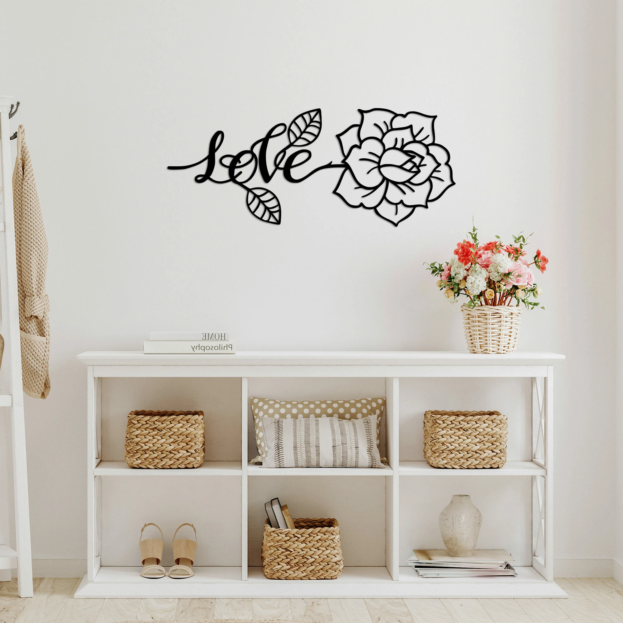 Aksesor dekorativ muri prej metali, Wallity, Love and Flower, ngjyrë e zezë, 80x33cm