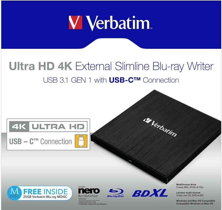 Drive i jashtëm Blu-ray/DVD Verbatim 43888, top-loading, USB-A në USB-C, i zi