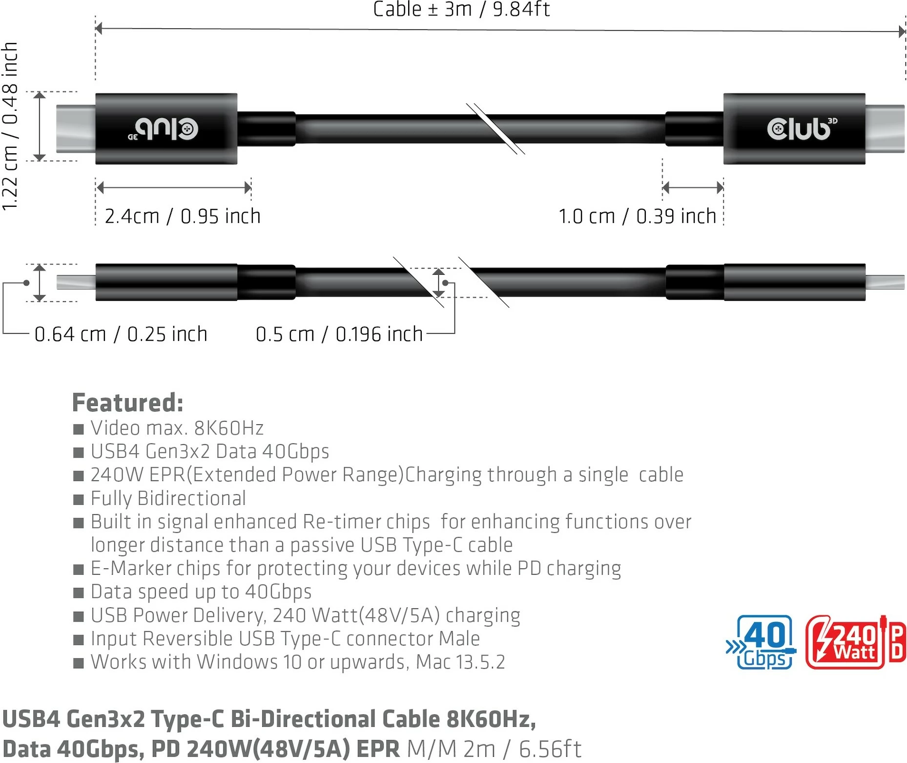 Kabllo USB Type-C Club3D 3m, 240W, 8K, 40Gbps, e zezë