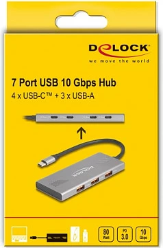 USB Hub DeLOCK 7-Port, 4x USB-C + 3x USB-A, USB 3.2 Gen 2, 10Gbps, PD 80W, Gri