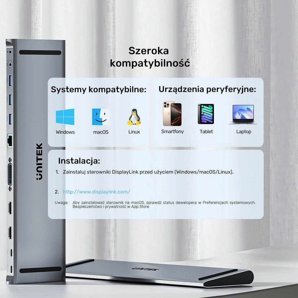 Docking station Unitek uHUB11+ USB-C DisplayLink 4K, PD 100W, 11 porta, gri, set me kabllo 0.6 m + adapter DVI-VGA