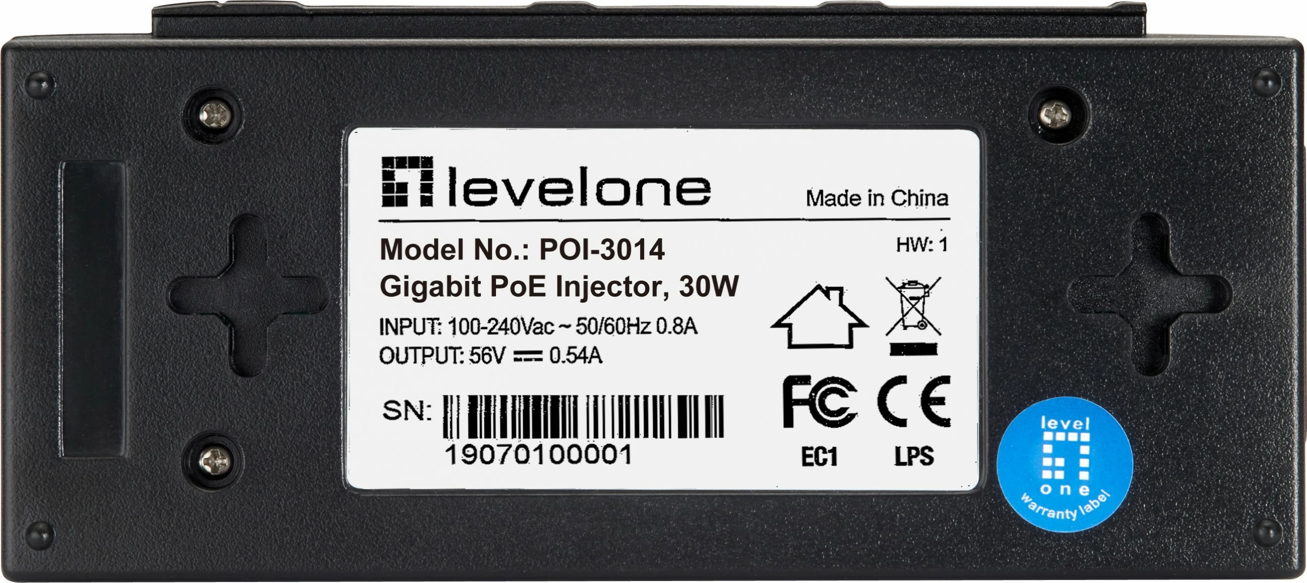 PoE Injector LevelOne POI-3014, Fast Ethernet, Gigabit Ethernet, 10,100,1000 Mbit/s, E zezë