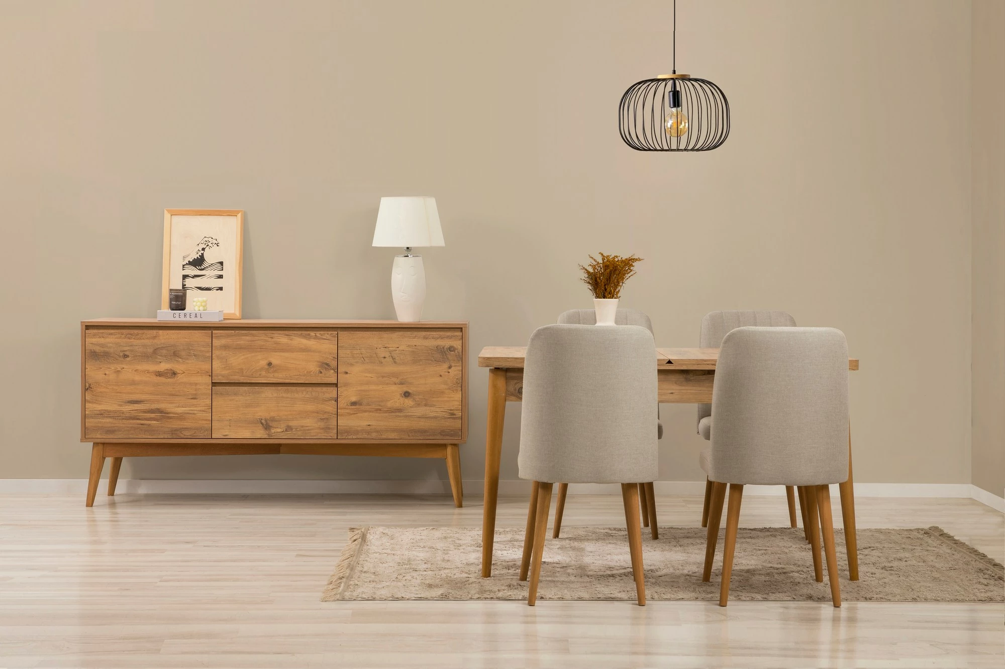 Set tavoline me karrige dhe konsolë, zgjatshme, 6 copë, Skye Decor, Vina 01 1005, ngjyrë Atlantic Pine, krem