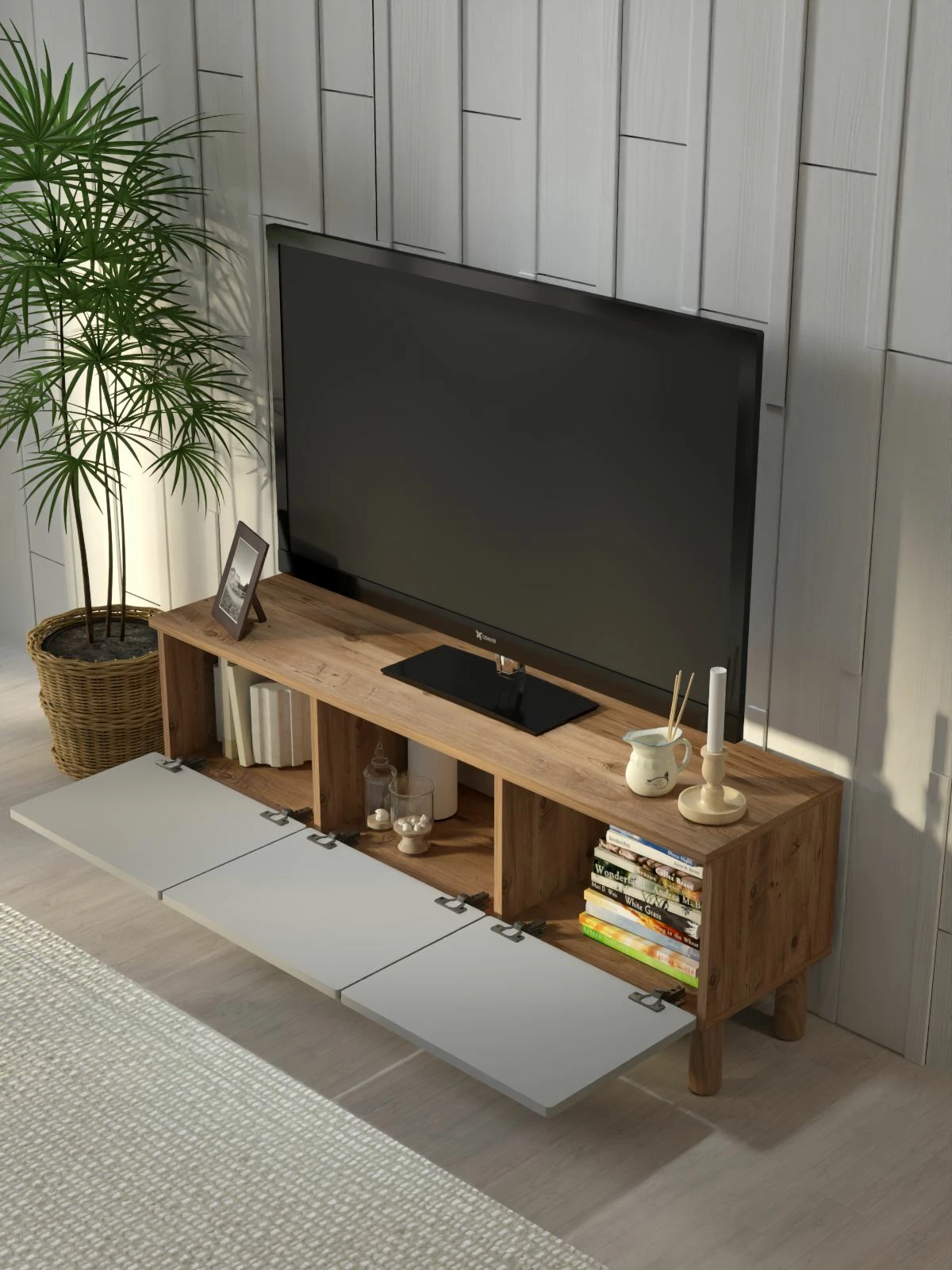 Komodë TV Skye Decor, Mavora 135, ngjyrë pishë Atlantike dhe e bardhë