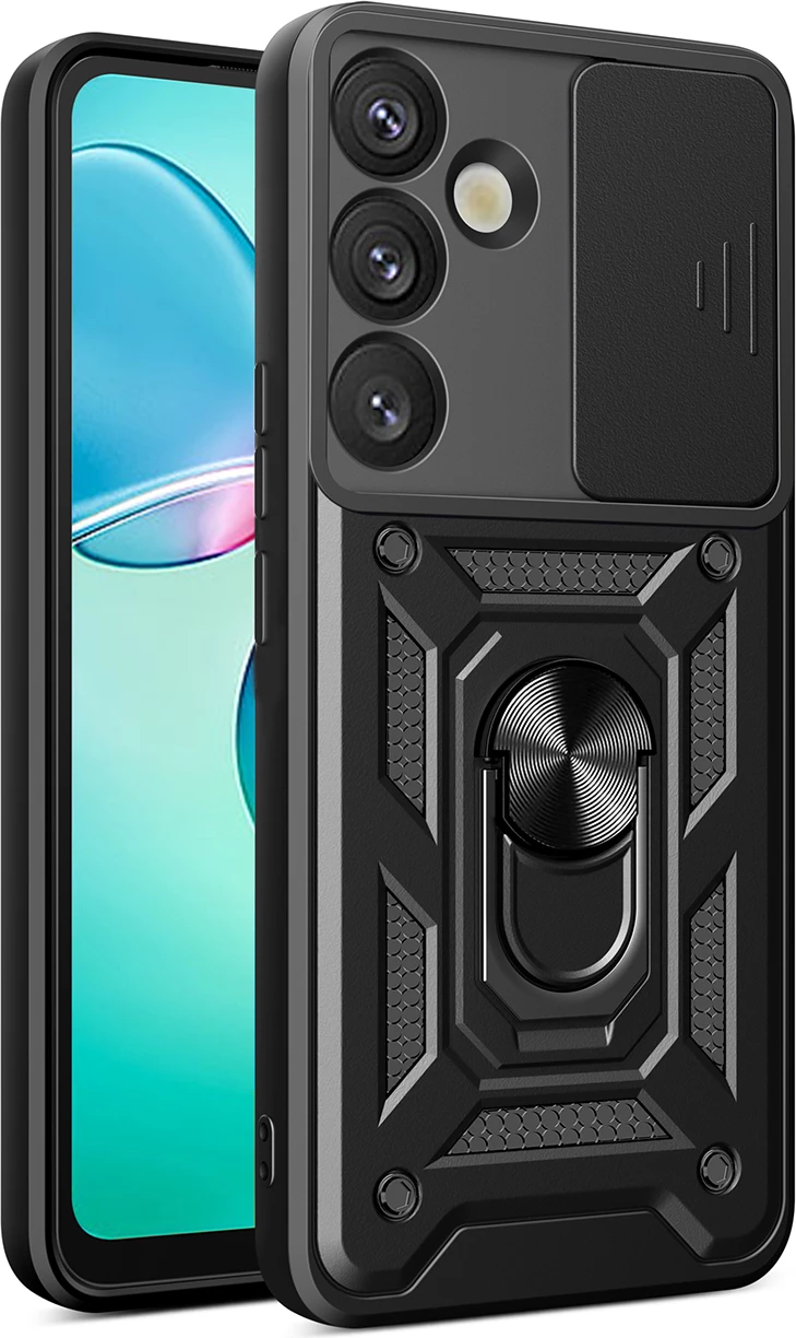 Mbështjellës Hurtel Hybrid Armor Camshield me kapak kamere dhe unazë metalike për Samsung Galaxy S25+, Zi