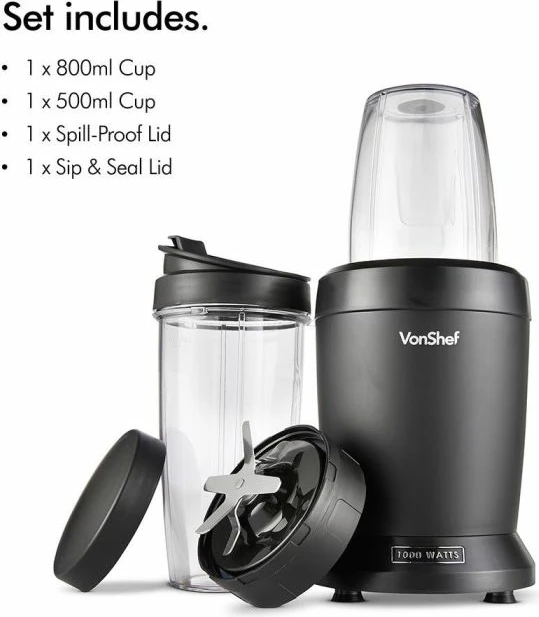 Blender Vonshef UltraBlend 1000W, 800ml+500ml, set 2 gota, i zi mat